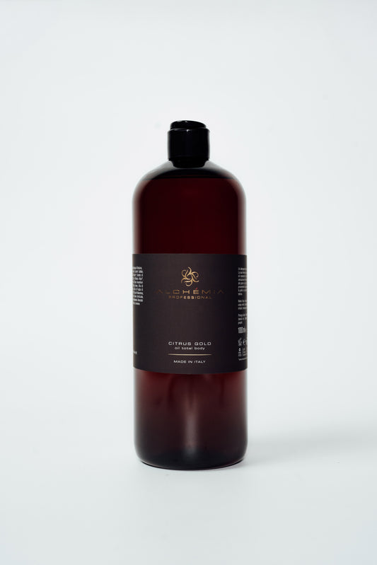 Shampoo Oil Total body-Citrus Gold bottle, a blend of biodegradable oils for hair and body cleansing.