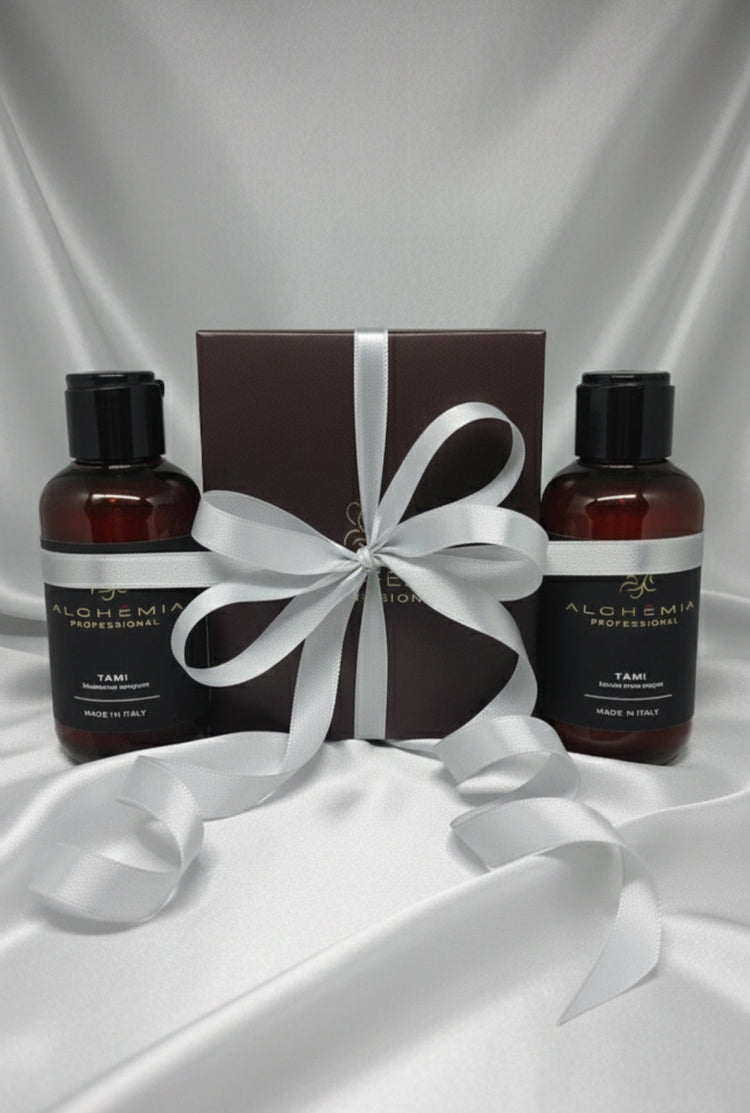 Elegante cofanetto ideale come idea regalo! contiene due prodotti da 100 ml della linea Alchémia Professional, Tami shampoo e mask Argan per capelli morbidi e idratati
