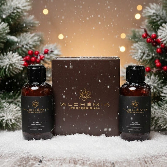 Elegante cofanetto ideale come regalo di Natale! contiene due prodotti da 100 ml della linea Alchémia Professional, Tami shampoo e mask Argan per capelli morbidi e idratati
