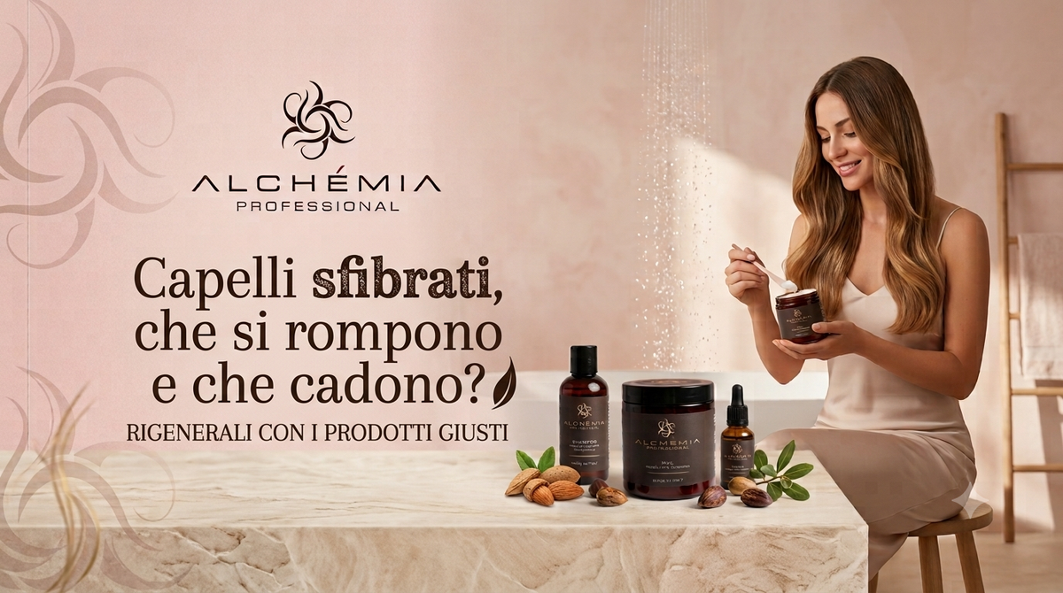 Banner promozionale Alchèmia Professional con trattamenti per capelli sfibrati e donna con maschera idratante
